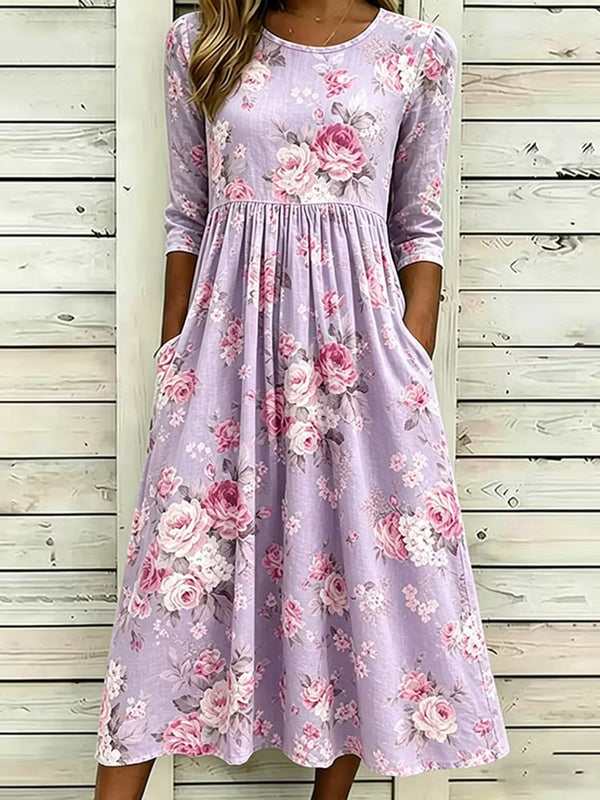 Romantic Floral Art Print Linen Midi Dress