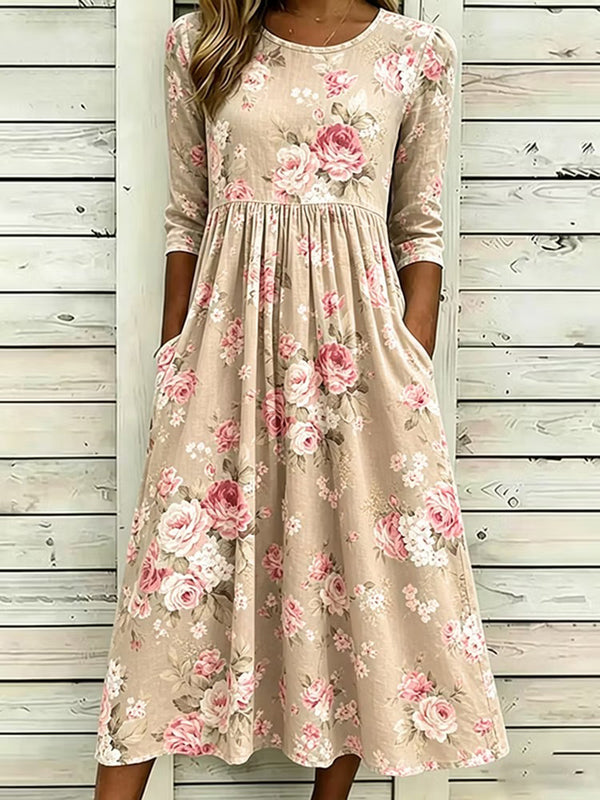Romantic Floral Art Print Linen Midi Dress