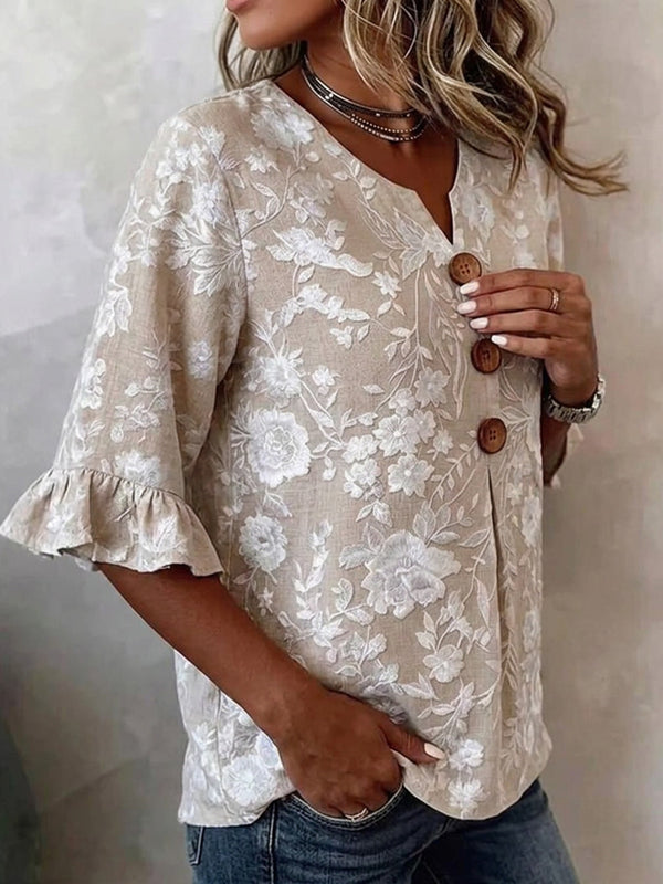 Romantic Floral Button-Front Blouse