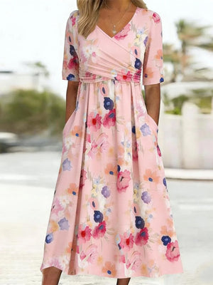 Romantic Floral Side Pocket Midi Dress
