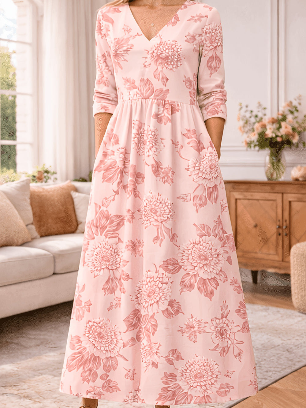 Romantic Pink Floral Print Long-Sleeve Pocket Maxi Dress