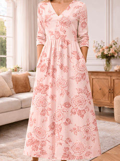 Romantic Pink Floral Print Long-Sleeve Pocket Maxi Dress