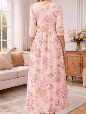 Romantic Pink Floral Print Long-Sleeve Pocket Maxi Dress