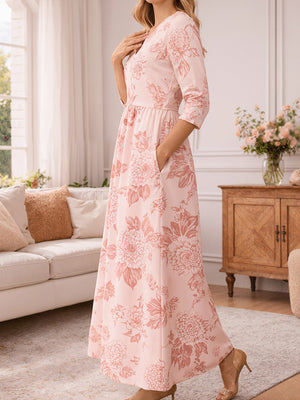 Romantic Pink Floral Print Long-Sleeve Pocket Maxi Dress