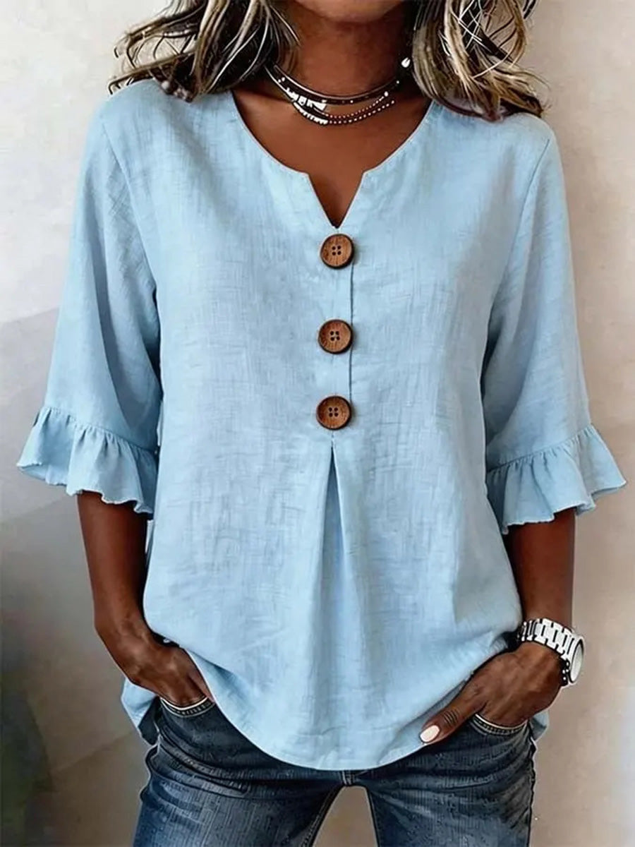 Romantic V-Neck Decorative Button Top