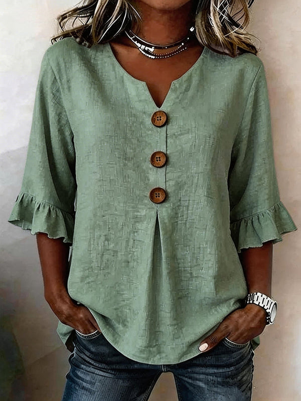 Romantic V-Neck Decorative Button Top