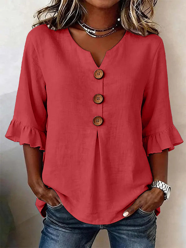 Romantic V-Neck Decorative Button Top
