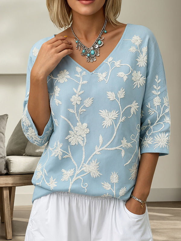 Romantic Vintage Floral Linen Top