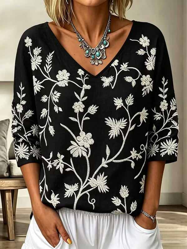 Romantic Vintage Floral Linen Top