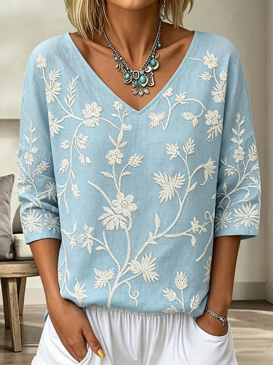 Romantic Vintage Floral Linen Top