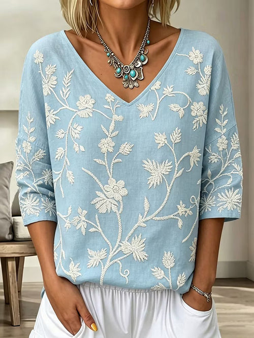 Romantic Vintage Floral Linen Top