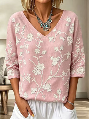Romantic Vintage Floral Linen Top