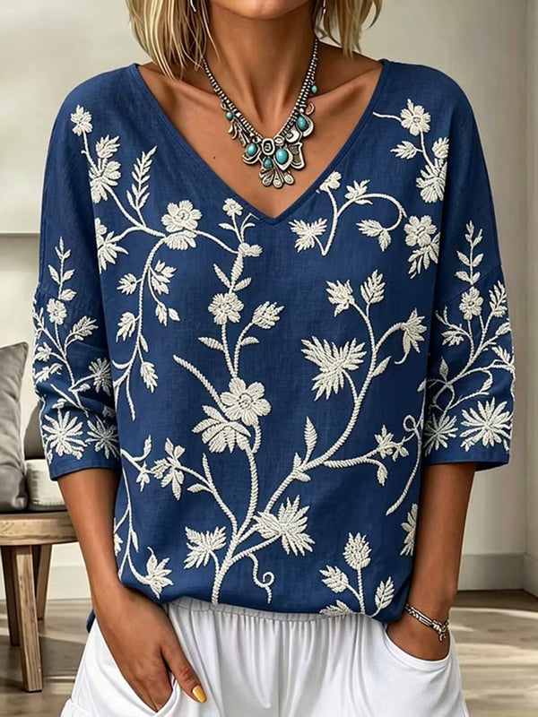 Romantic Vintage Floral Linen Top