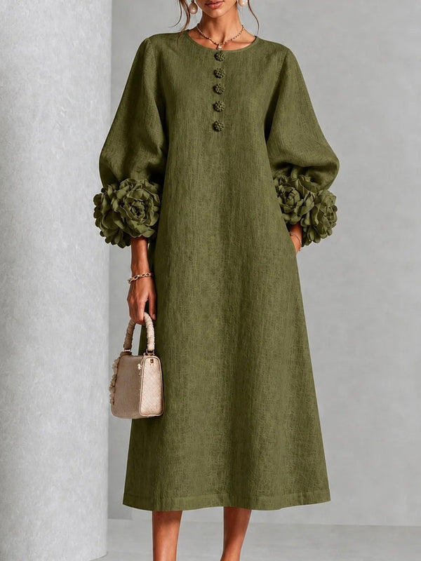 Romantic Floral Balloon Sleeve Midi Dress