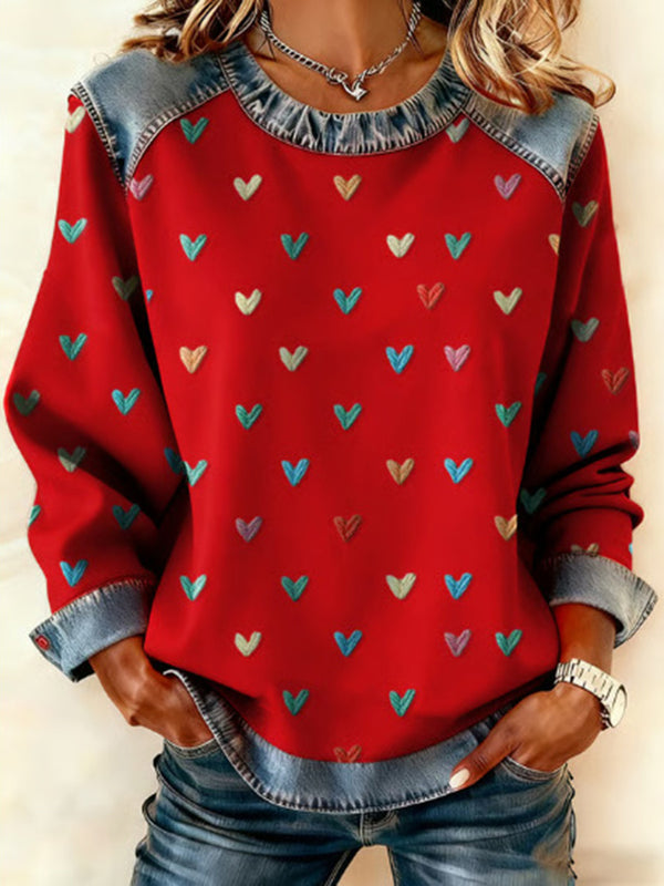Romantic Heart Patchwork Casual Sweatshirt
