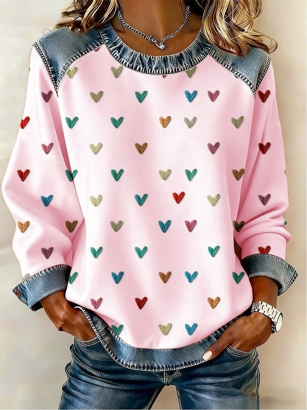 Romantic Heart Patchwork Casual Sweatshirt