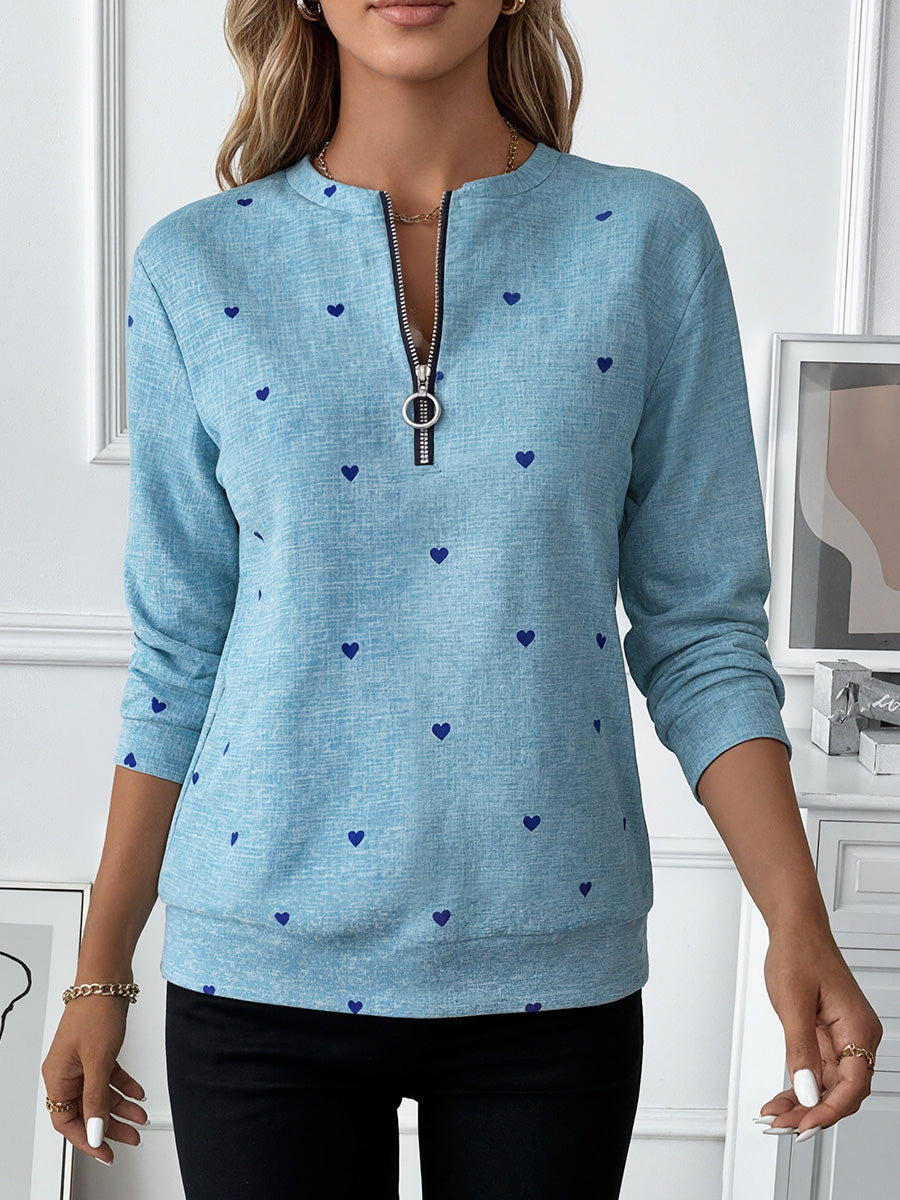 Romantic Heart Pattern Zip-Up Top