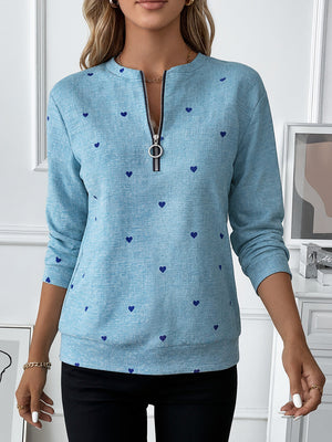 Romantic Heart Pattern Zip-Up Top