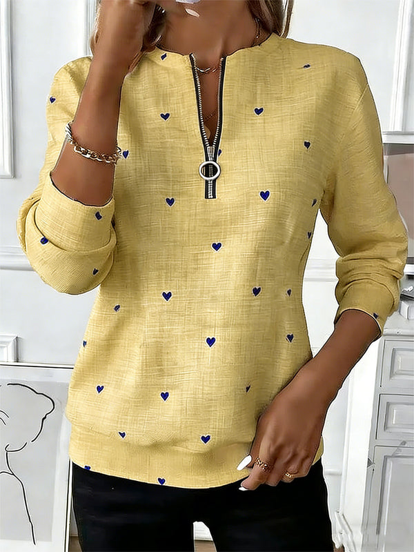 Romantic Heart Pattern Zip-Up Top