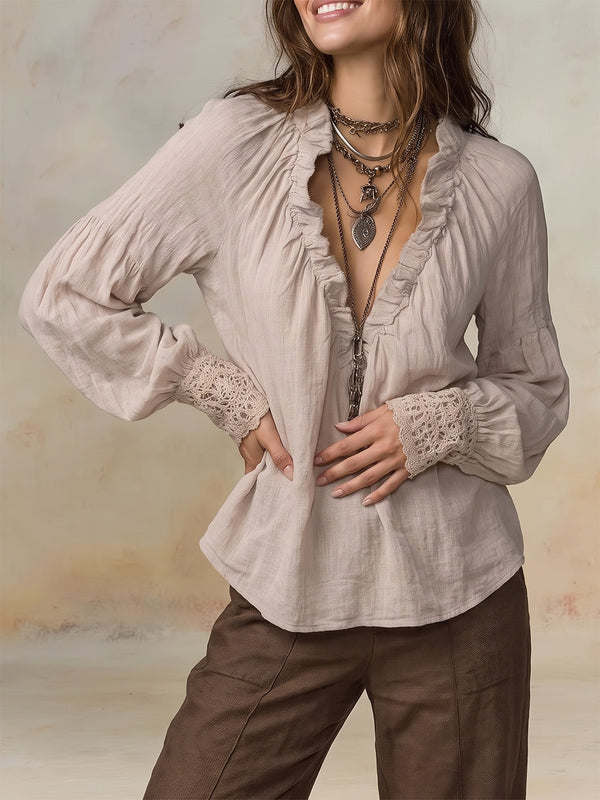Romantic Lace Trim Bell Sleeve Shirt