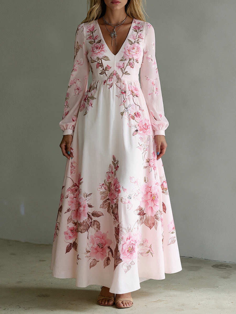 Romantic Long Sleeve Floral Print Maxi Dress