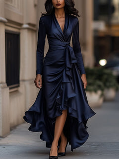 Romantic Ruffle Trim V-Neck Silhouette Dress
