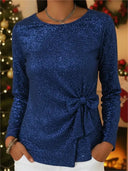 Shimmer Lace-Up Bow Long-Sleeve Elegant Top