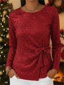 Shimmer Lace-Up Bow Long-Sleeve Elegant Top