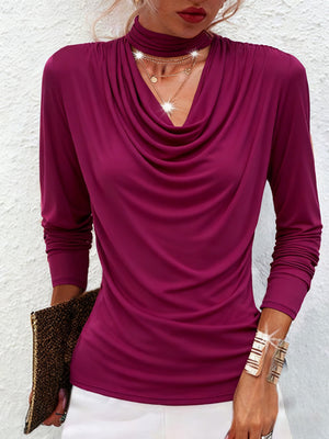 Sleek Gathered Long-Sleeve Mesh Accent Top