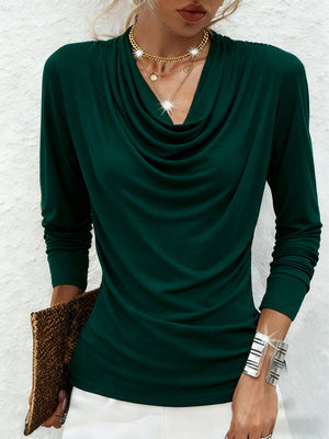 Sleek Gathered Long-Sleeve Mesh Accent Top
