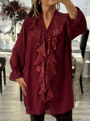 Soft Chiffon V-Neck Sequin Blouse