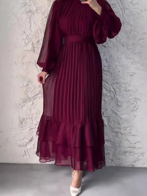 Sophisticated Long-Sleeve Pleated Silhouette Dress