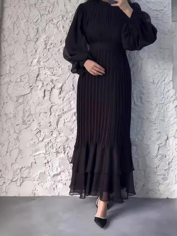 Sophisticated Long-Sleeve Pleated Silhouette Dress
