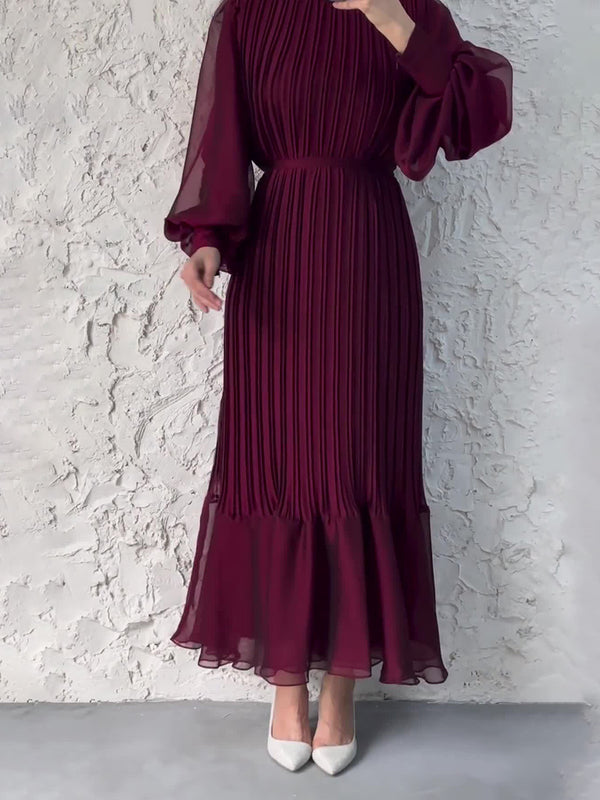 Sophisticated Long-Sleeve Pleated Silhouette Dress
