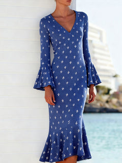 Statement Bell-Sleeve Printed Knit Dress