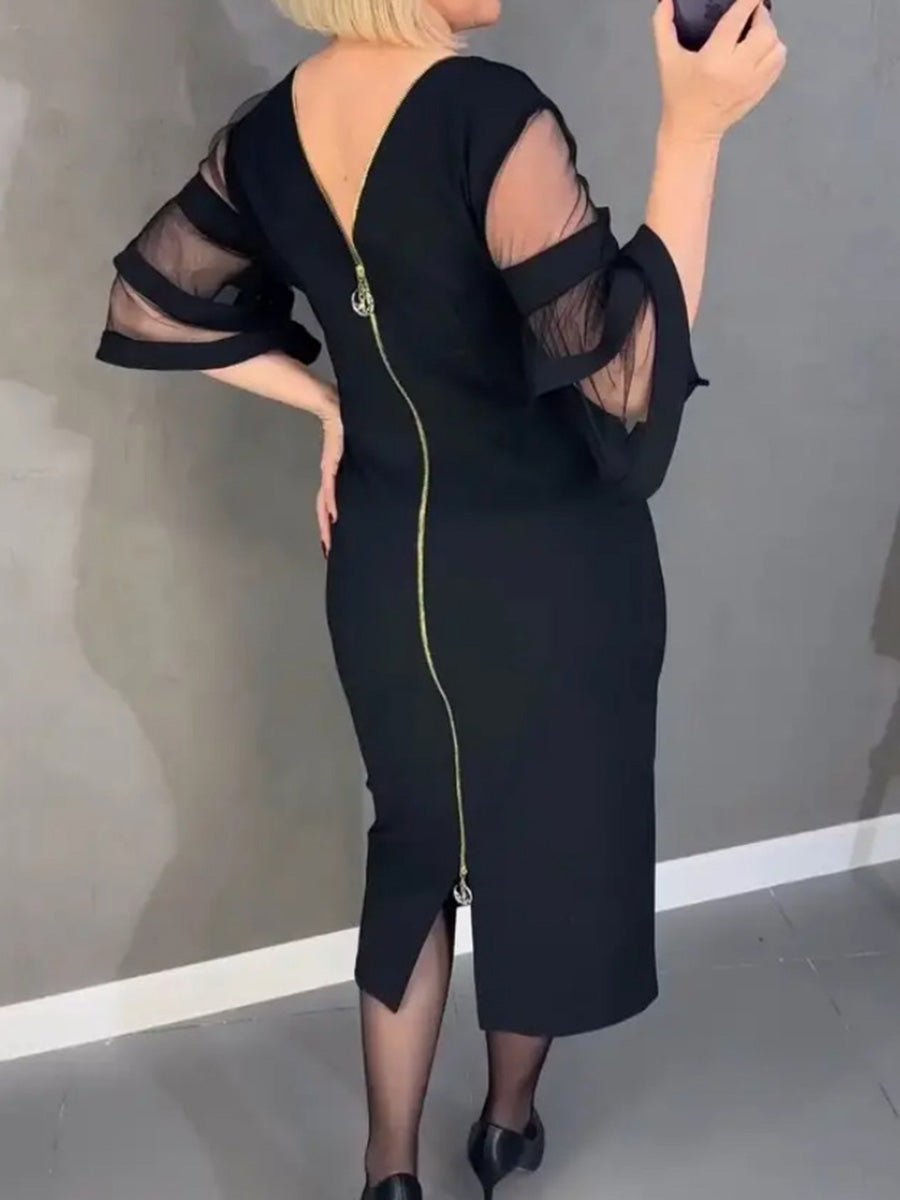 Black Mesh Panel Sleeve Back-Zip Midi Dress
