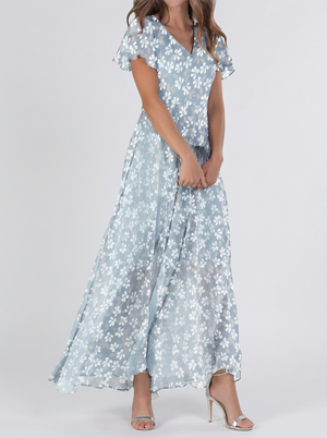 Stylish Blue Printed Chiffon Maxi Dress