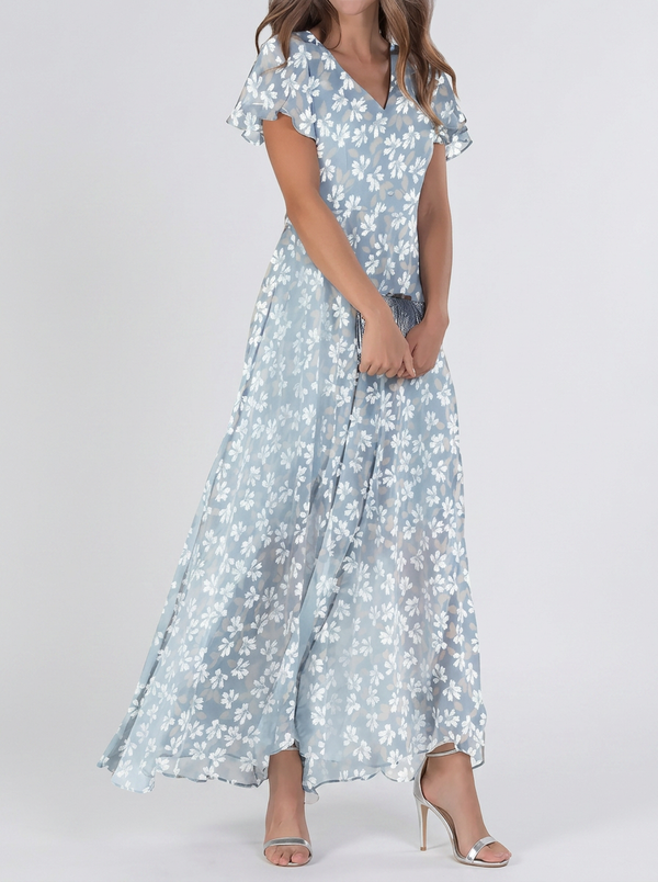 Stylish Blue Printed Chiffon Maxi Dress