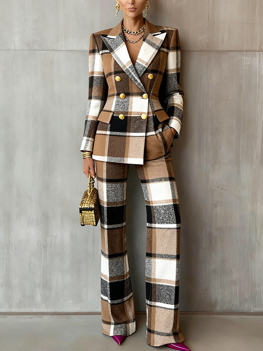Stylish Brown Plaid Two-Piece Suit