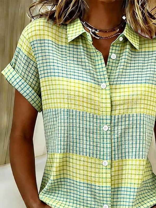 Stylish Plaid Print Short-Sleeve Blouse