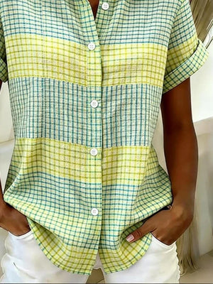 Stylish Plaid Print Short-Sleeve Blouse