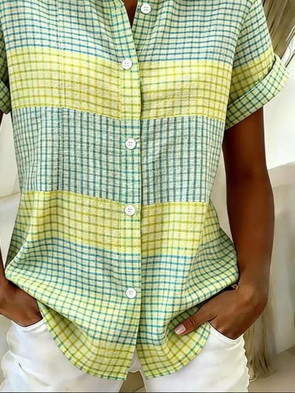 Stylish Plaid Print Short-Sleeve Blouse