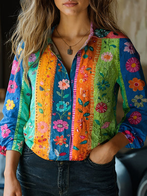 Stylish Print Collared Long Sleeve Top