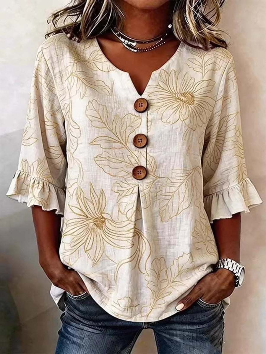 Summer Effortless V-Neck Floral Blouse