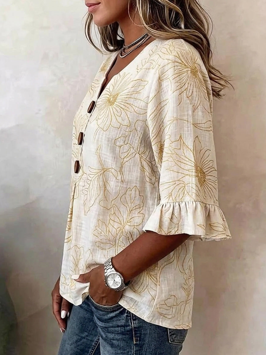 Summer Effortless V-Neck Floral Blouse
