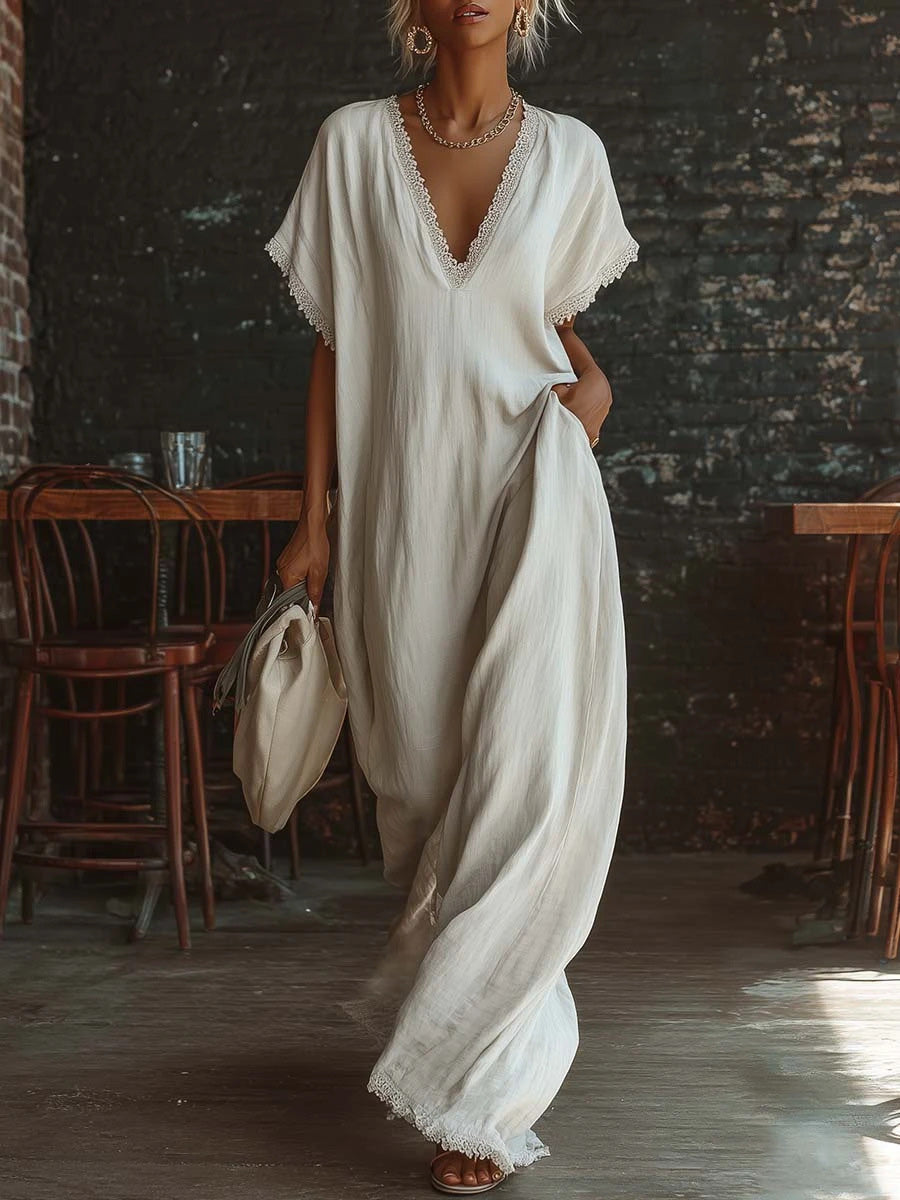 Summer Resort Style Lace Linen Maxi Dress