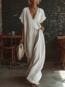 Summer Resort Style Lace Linen Maxi Dress