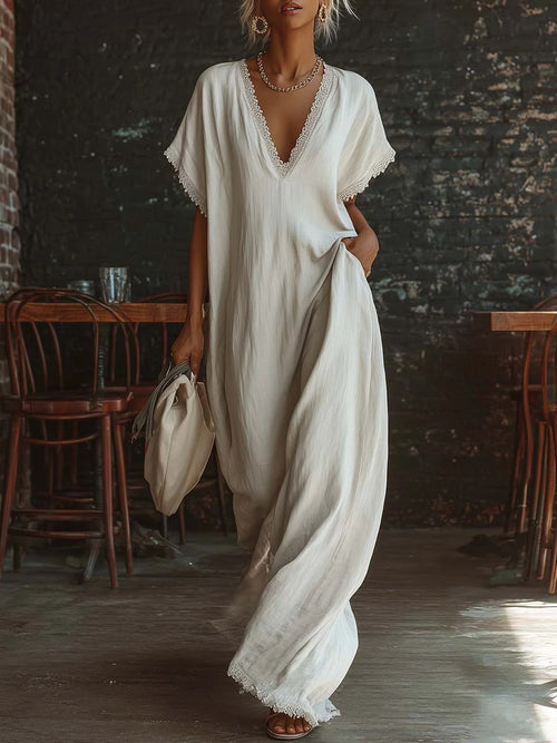 Summer Resort Style Lace Linen Maxi Dress