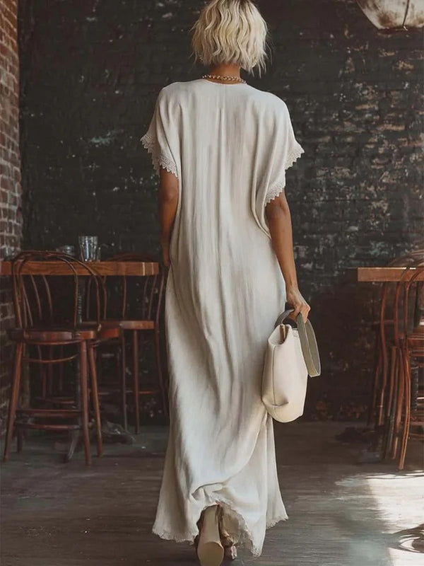 Summer Resort Style Lace Linen Maxi Dress