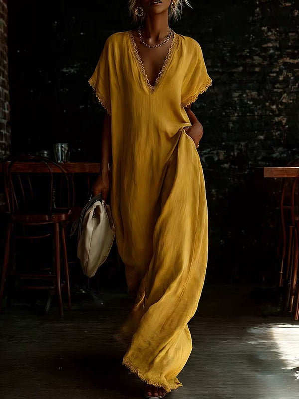 Summer Resort Style Lace Linen Maxi Dress